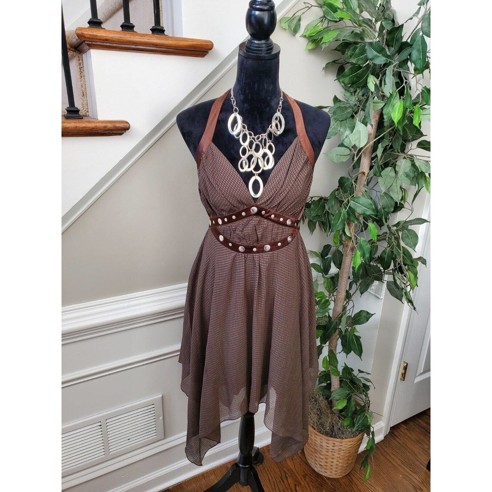 Sele Women's Brown Polyester Halter Neck Sleeveless Knee Length Dress Size 7/8
